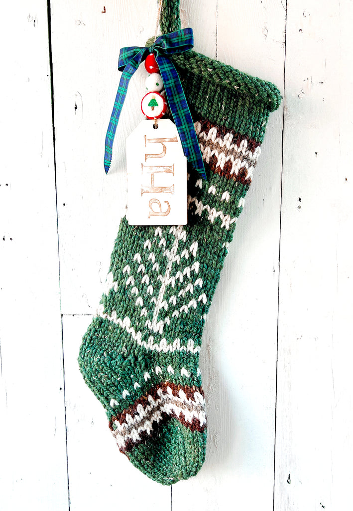 Personalized Knit Christmas Tree Stocking With Name Tags 