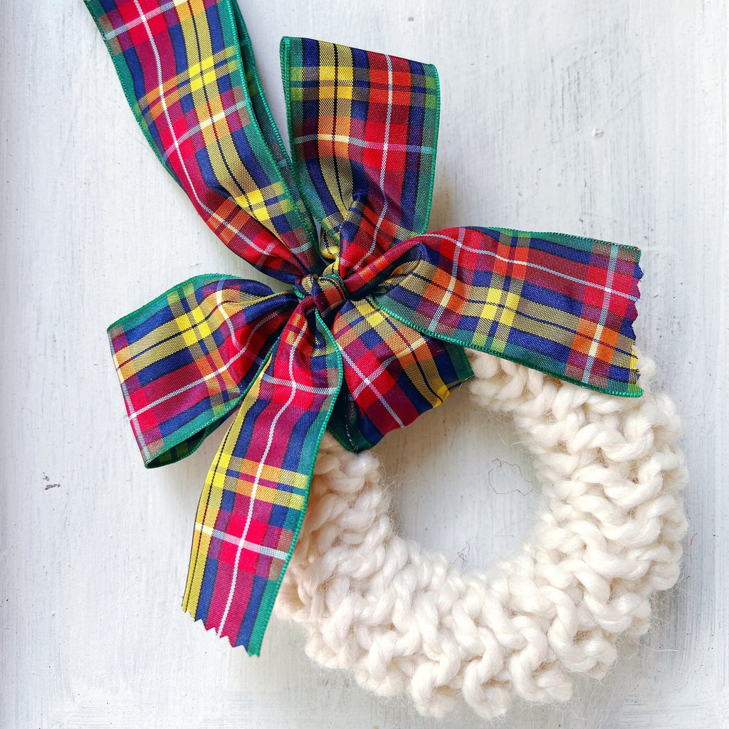 Knit Wreath Ornaments - Hand Knit Plaid Wreath Ornament