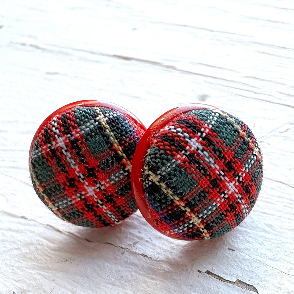 Earring Studs - Red Tartan Plaid 