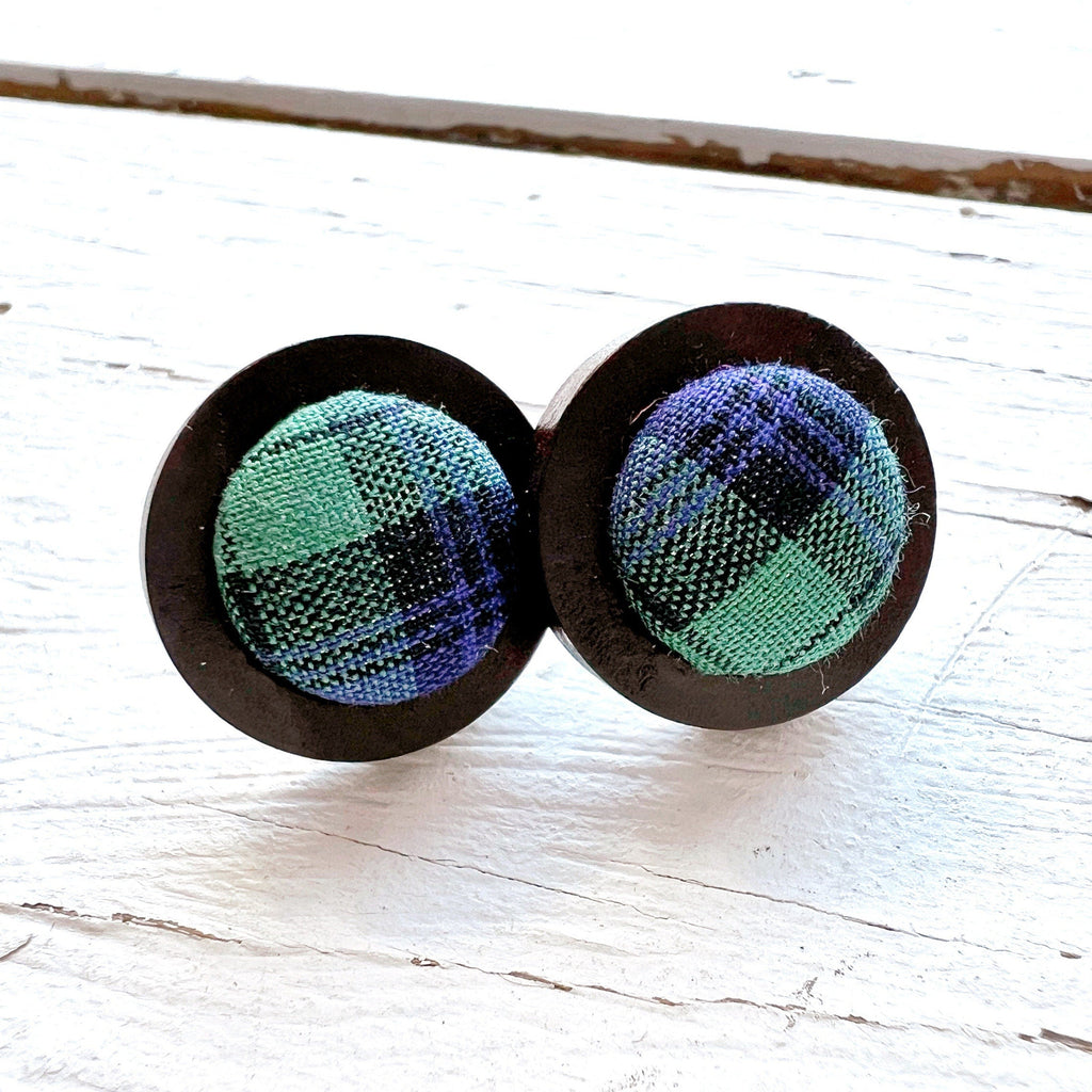 Studs - Black Watch Tartan Wooden Bezel Stud Earrings