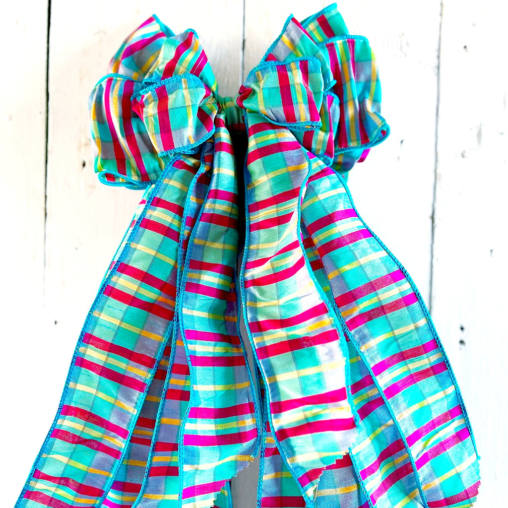 Spring Farmhouse Oversized Bow - Blue Plaid And Colorful