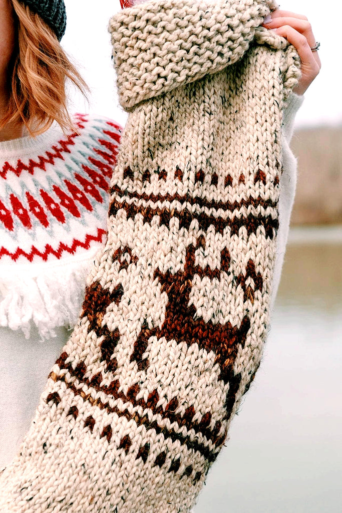 Hand-Knit Wool Prancing Reindeer Christmas Stockings 