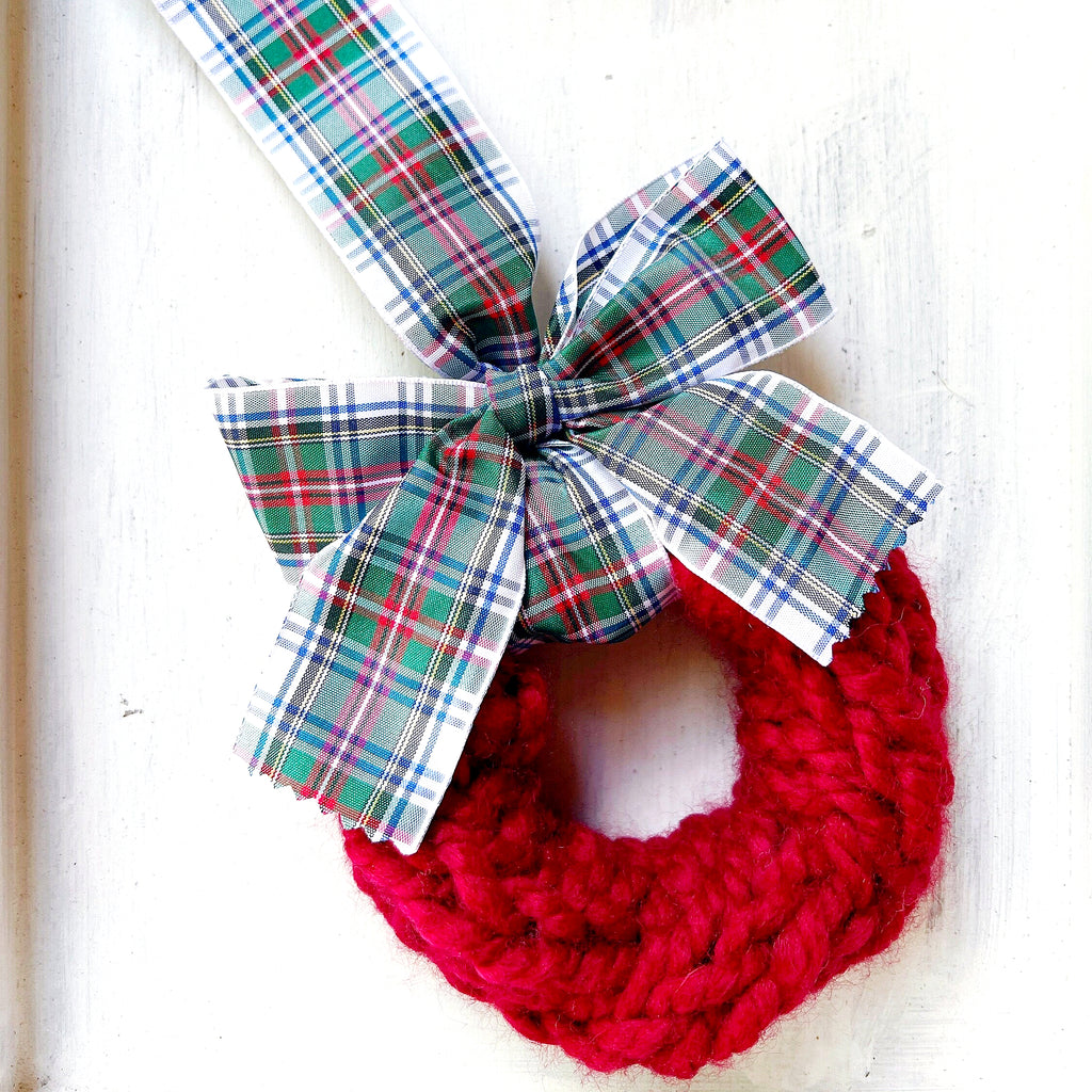 Knit Wreath Ornaments - Hand Knit Plaid Wreath Ornament  