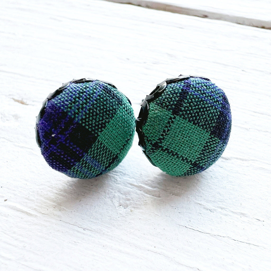 Scalloped Earrings - Black Watch Tartan Stud Earrings 