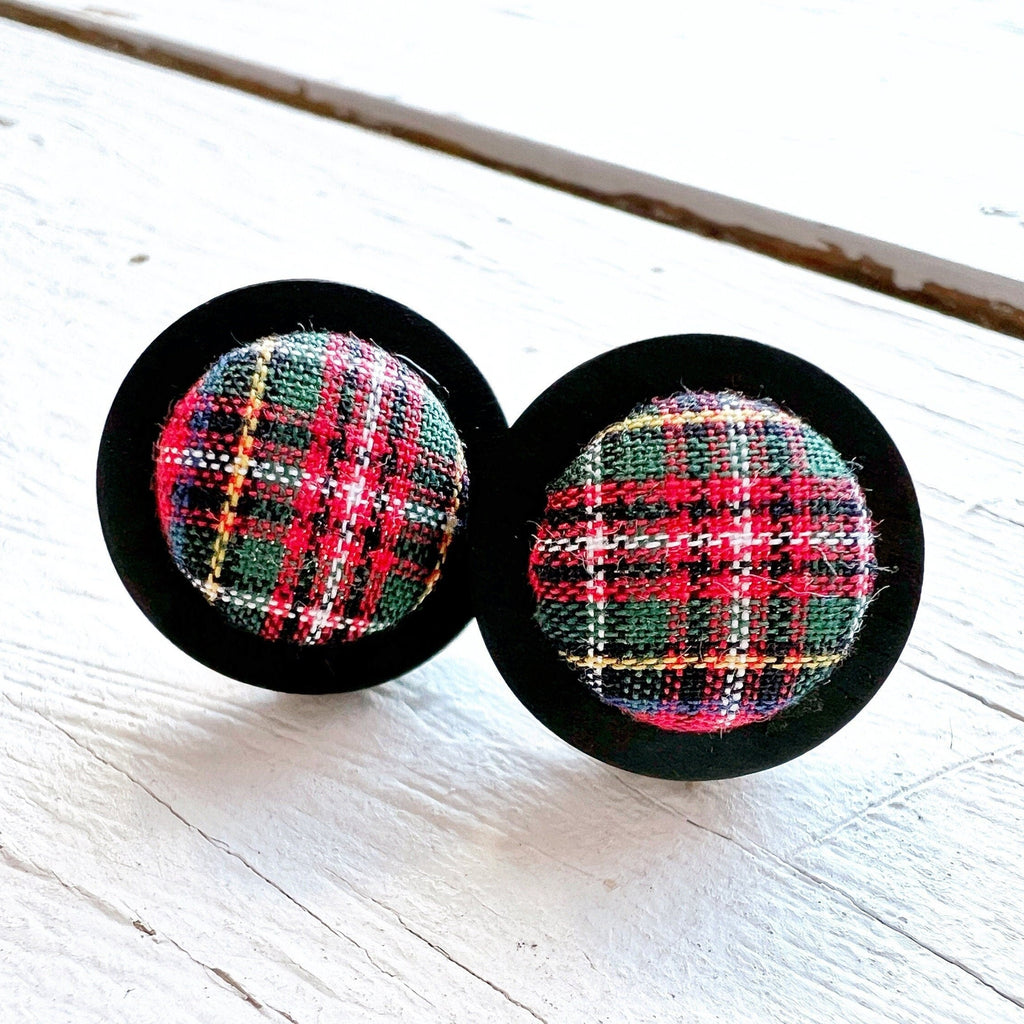 Royal Stewart Tartan Wood Bezel Stud Earrings 