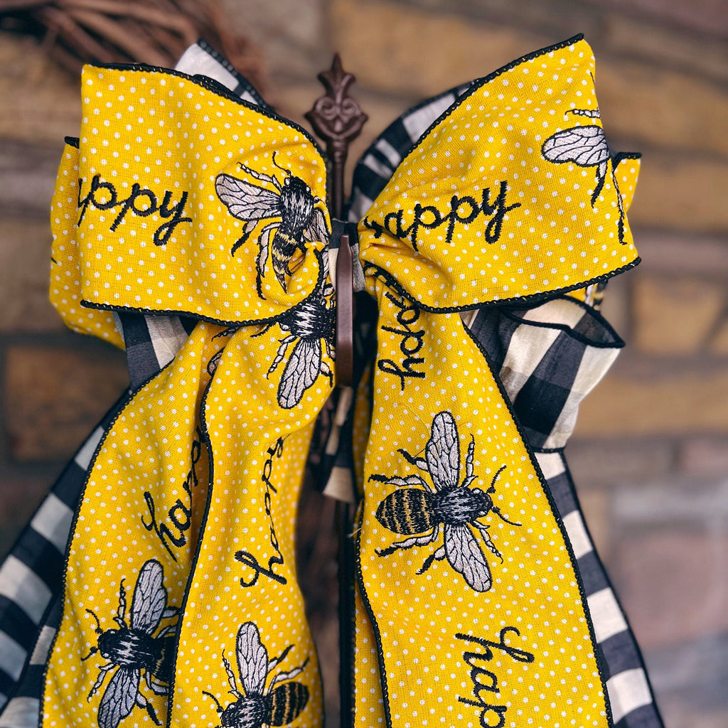 Springtime Yellow Black Wreath Bow For Home Decor Front Door