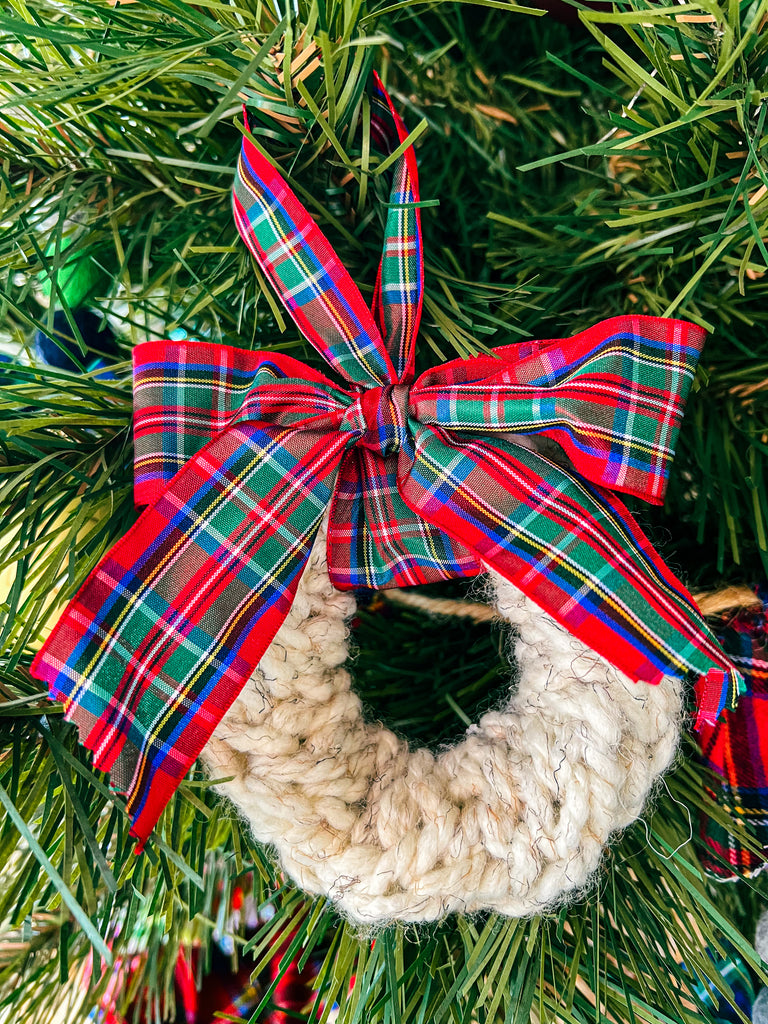 Cable Knit Wreath with Plaid Bow