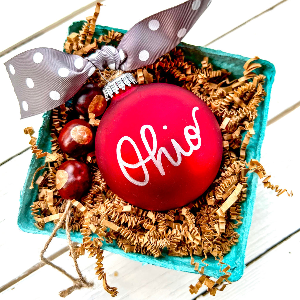 Script Ohio Personalized Ornament with Buckeyes