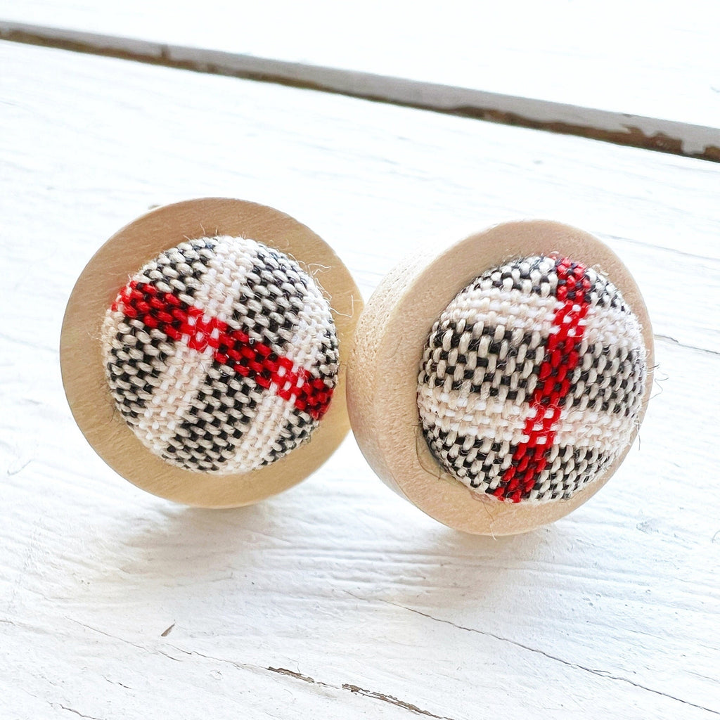 Earring Studs - Brown Check Wooden Bezel Studs 