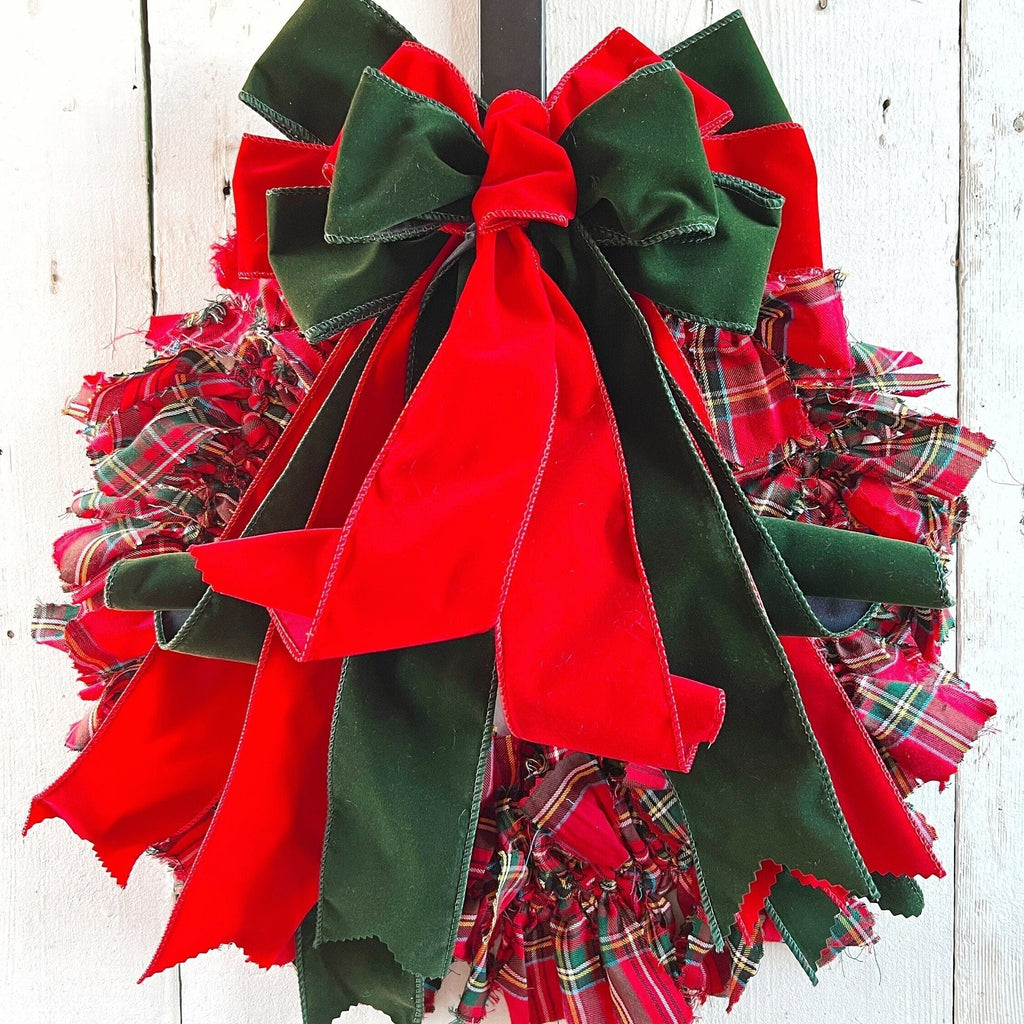 Royal Stewart Tartan Plaid Rag Wreath With Velvet Bow