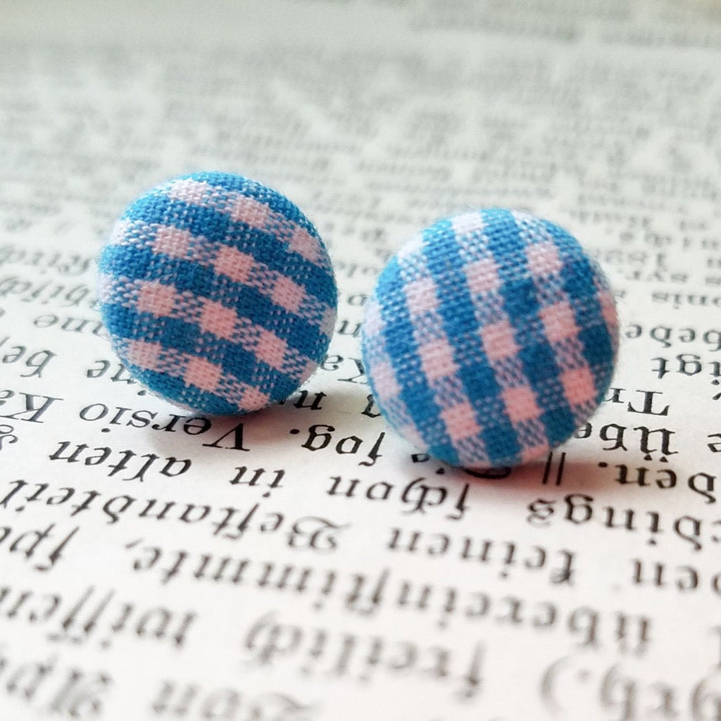 Earring Studs - Blue Gingham Plaid Stud Earrings