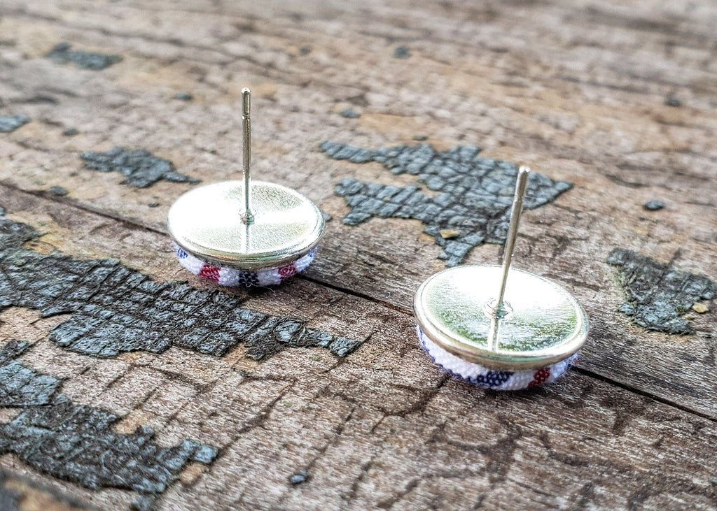 Silver Tiny Striped Seersucker Fabric Studs - Gift For Her