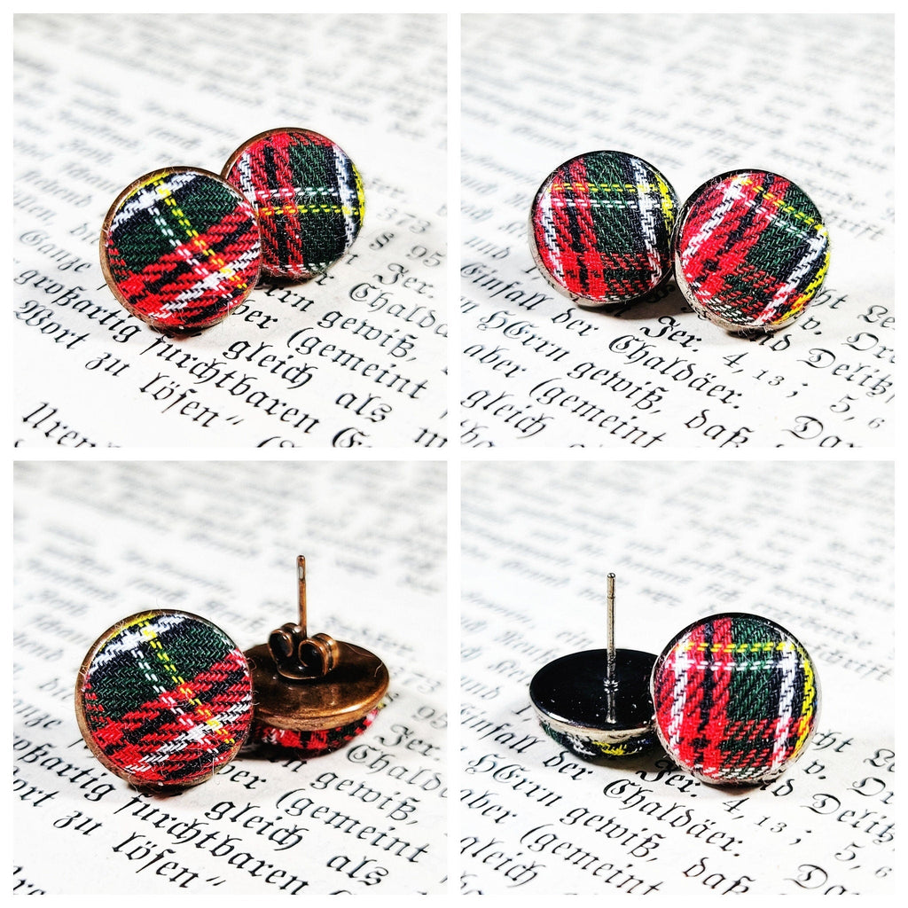 Tartan Plaid Stud Earrings - Tiny Bezel Earring Studs