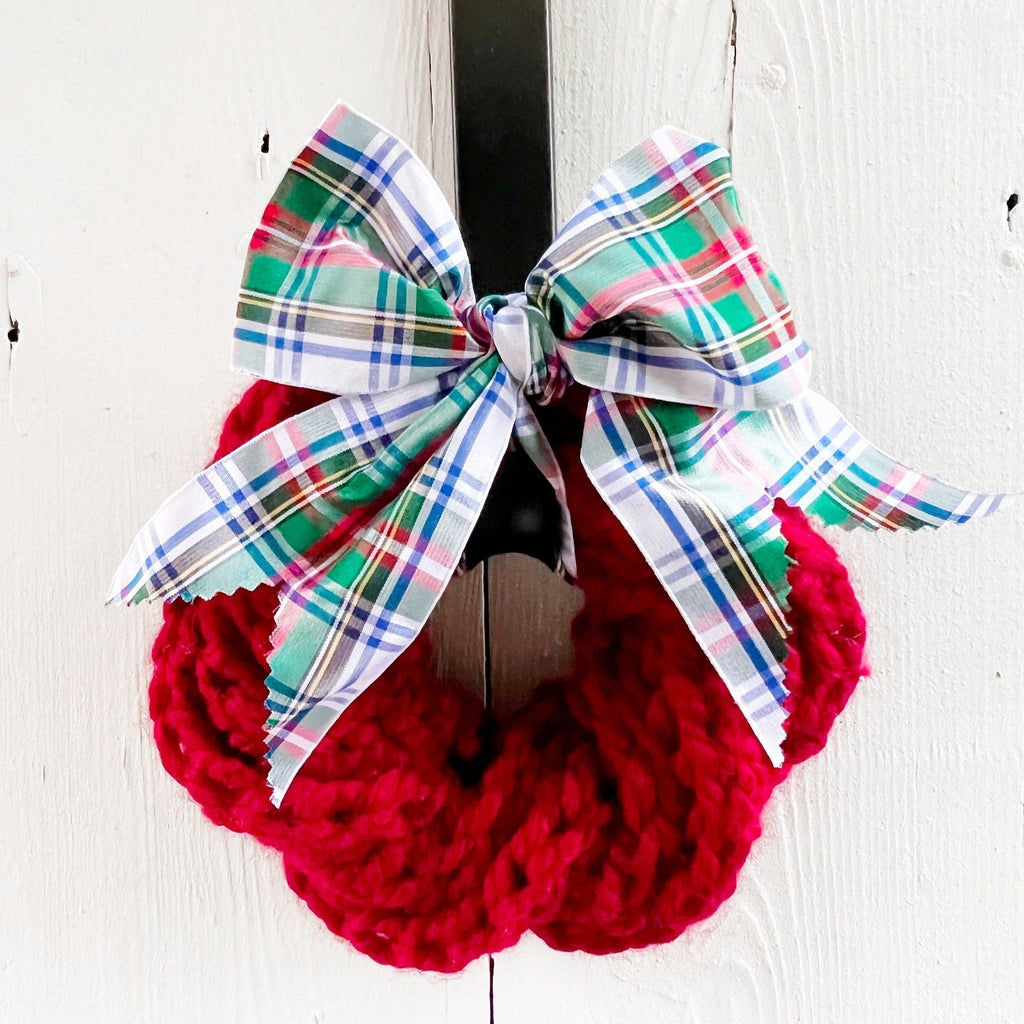 Hand Knitted Farmhouse Wreath With Stewart Tartan Bow