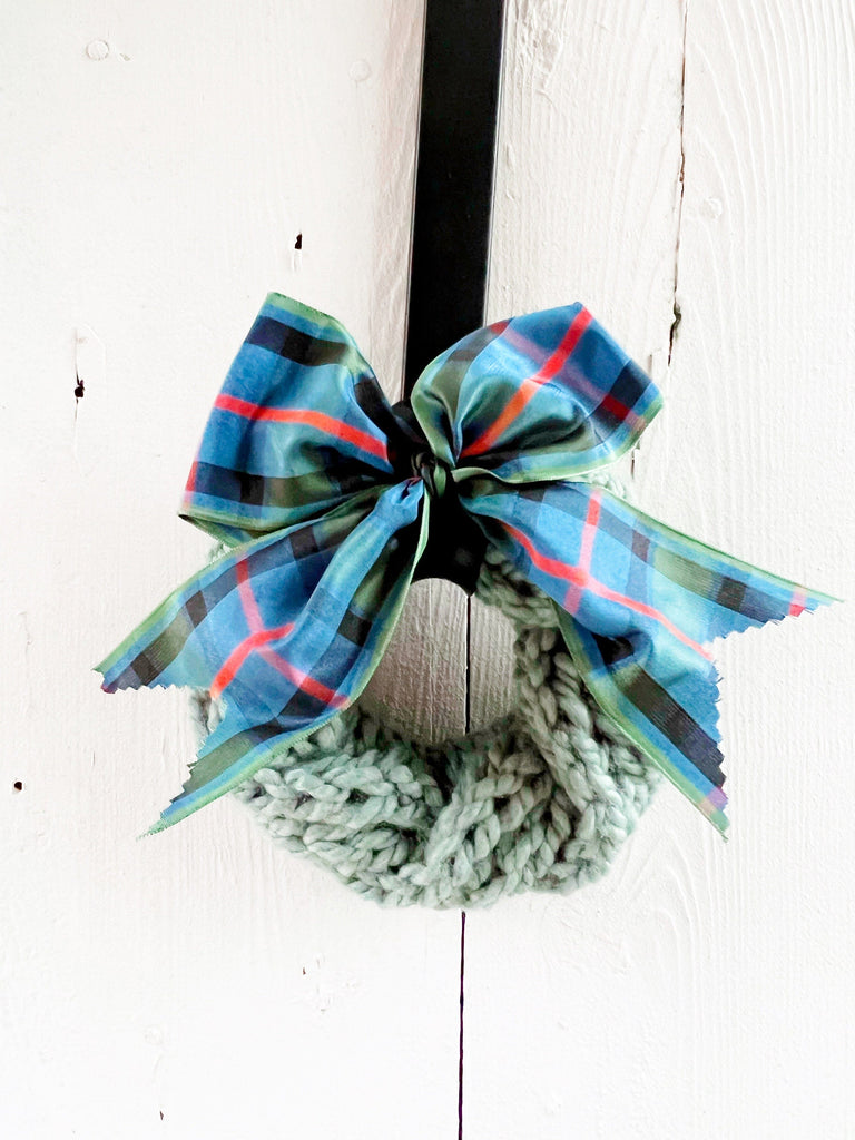 Hand Knitted Wreath With Large Tartan Bow - Year Round Decor