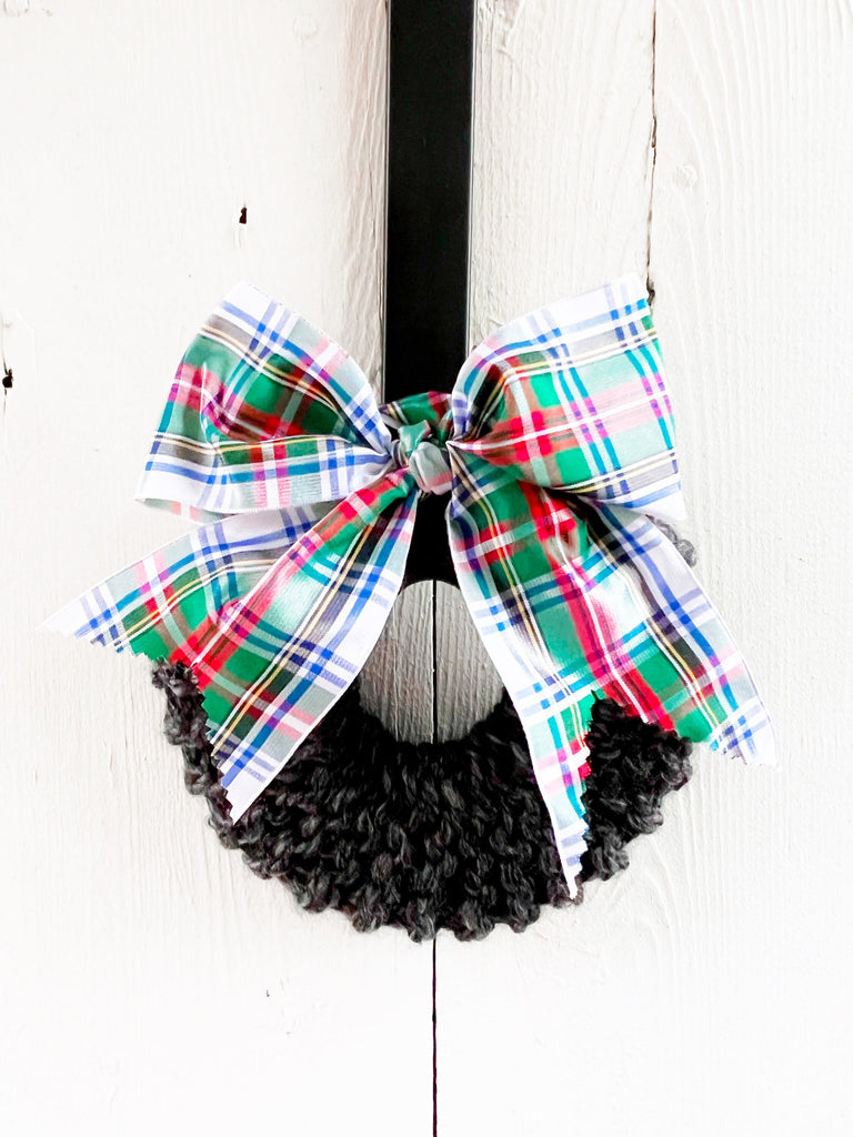 Hand Knit Wreaths with large Stewart Tartan Bow 