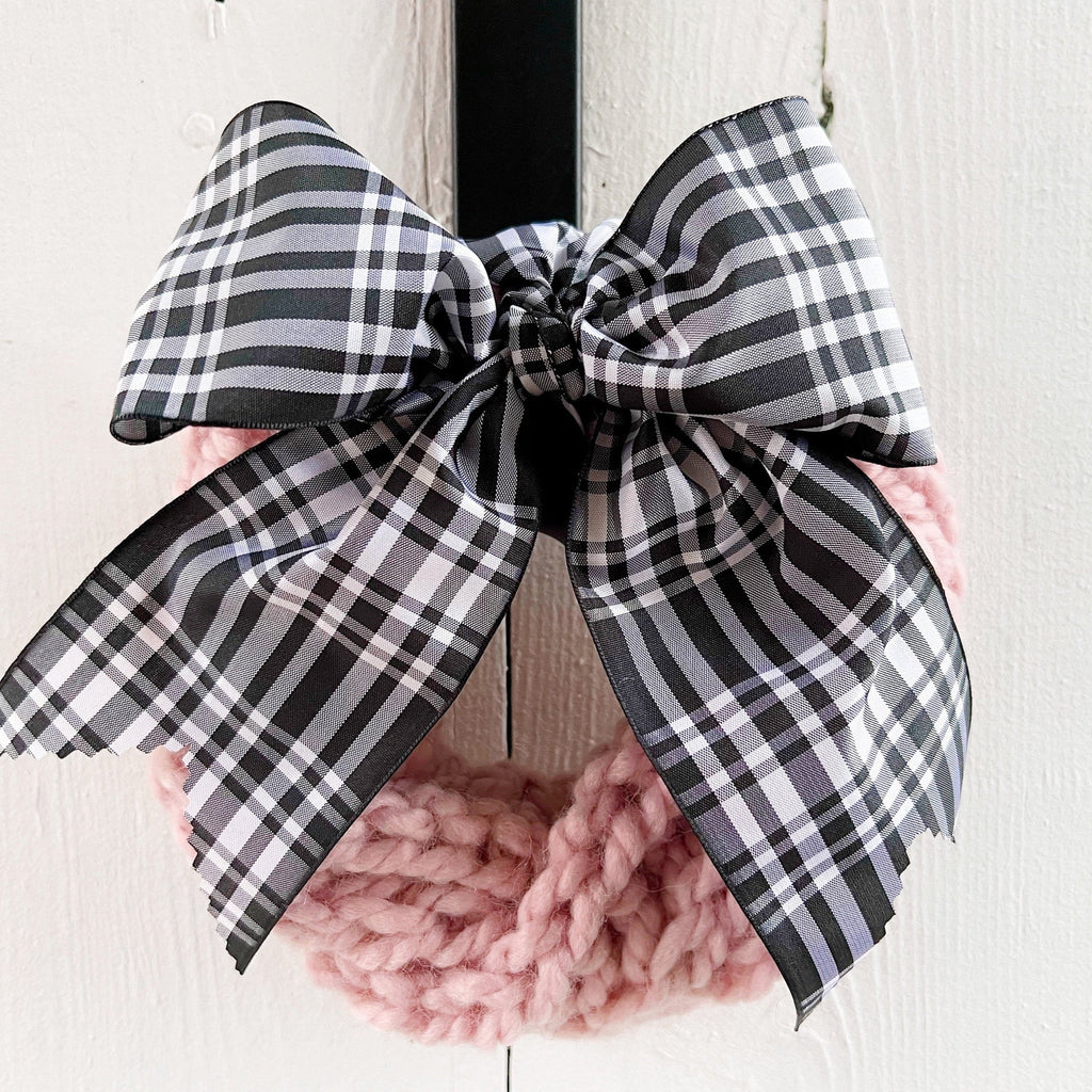 Hand Knit 6 Inch Wreath With Tartan Bow Farmhouse Style