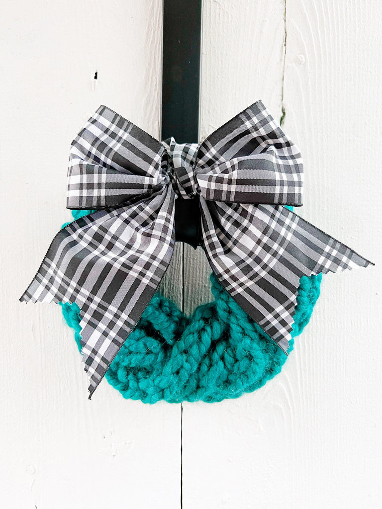 Hand Knit Wreaths - Tartan Bow - 6 Inch Ready to Ship