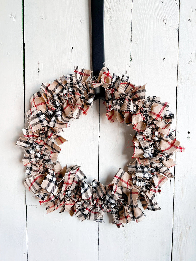  Rustic Brown Check Plaid Rag Wreath - Farmhouse Decor