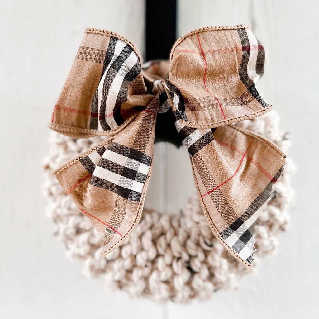 Hand Knit Wreaths - Hand Knitted Tartan Bow Wreath 