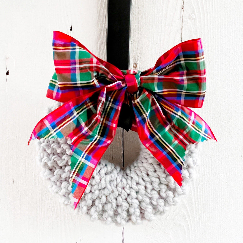 Hand Knit Farmhouse Christmas Wreath With Tartan Bow