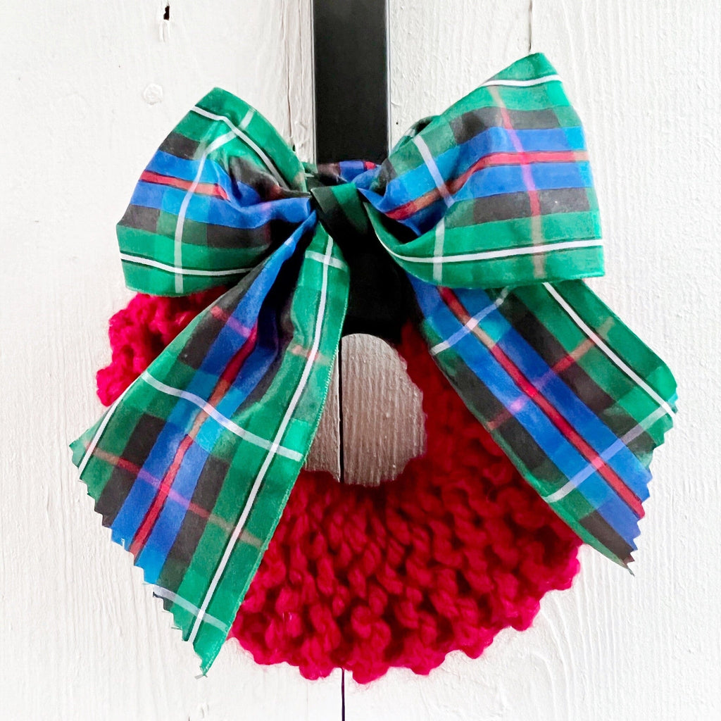 Hand Knitted Farmhouse Wreath With Tartan Bow 