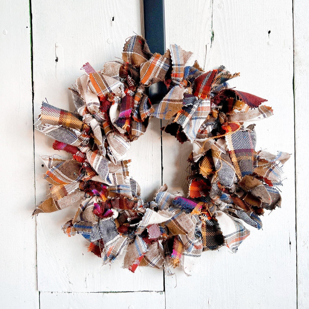 Rag Wreath - Brown Flannel Plaid Fabric Rag Wreath 