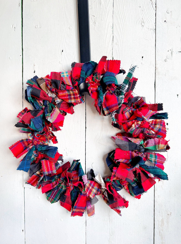 Rag Wreath - VELVET BOW - Farmhouse Plaid Design