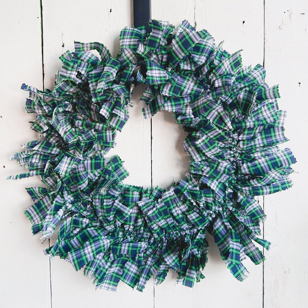 Farmhouse Inspired Gordon Tartan Plaid Fabric Rag Wreath