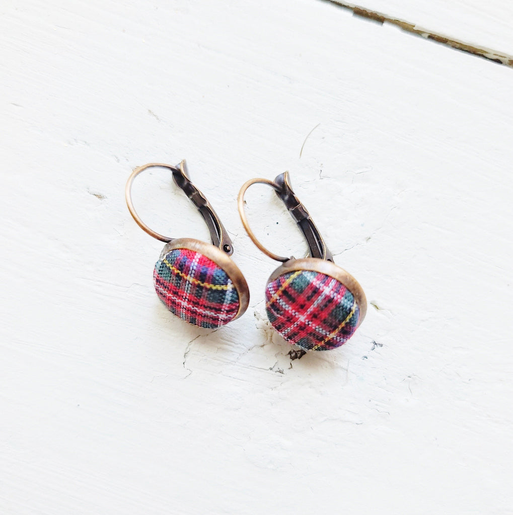 Red Plaid Lever Back Earrings - Stewart Royal Tartan Jewelry