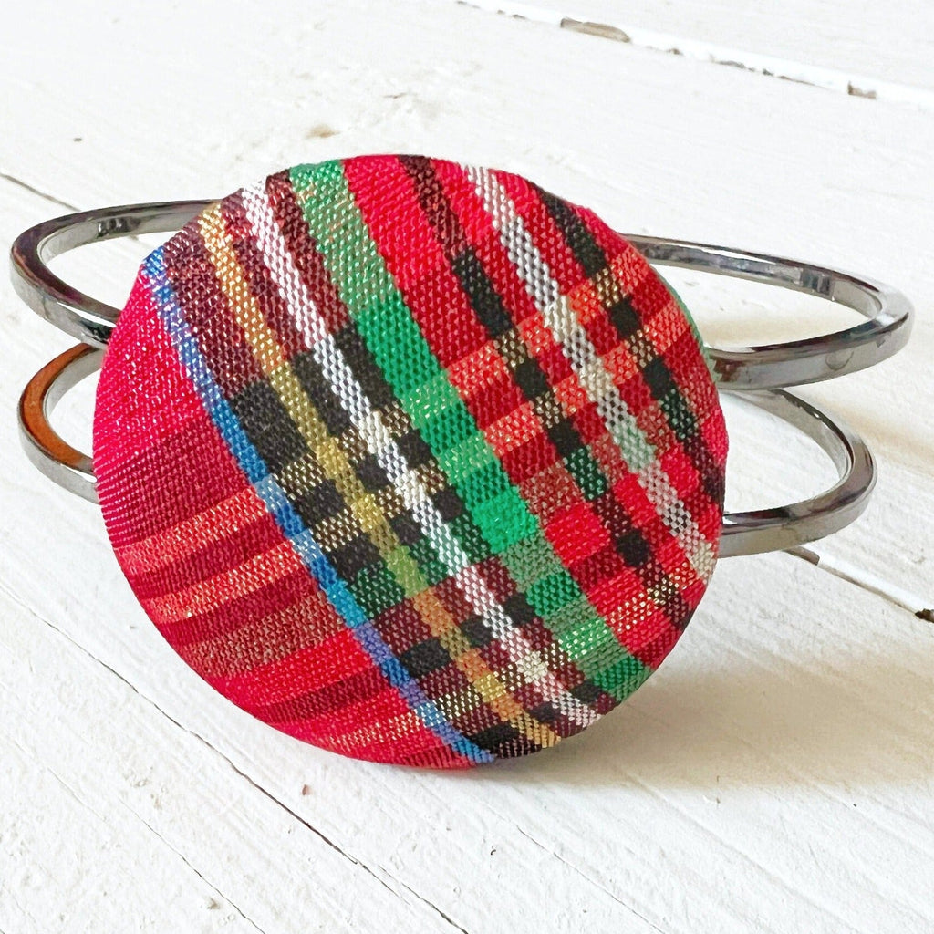 Plaid Cuff Bracelet - Adjustable Hinged Bangle 