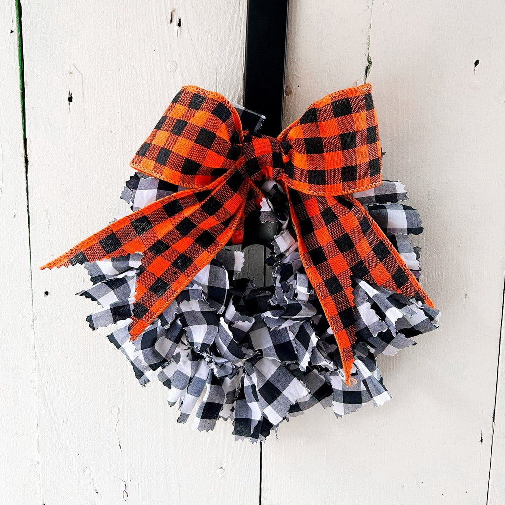 Rag Wreath - Black White Check Fabric Rag Wreath 