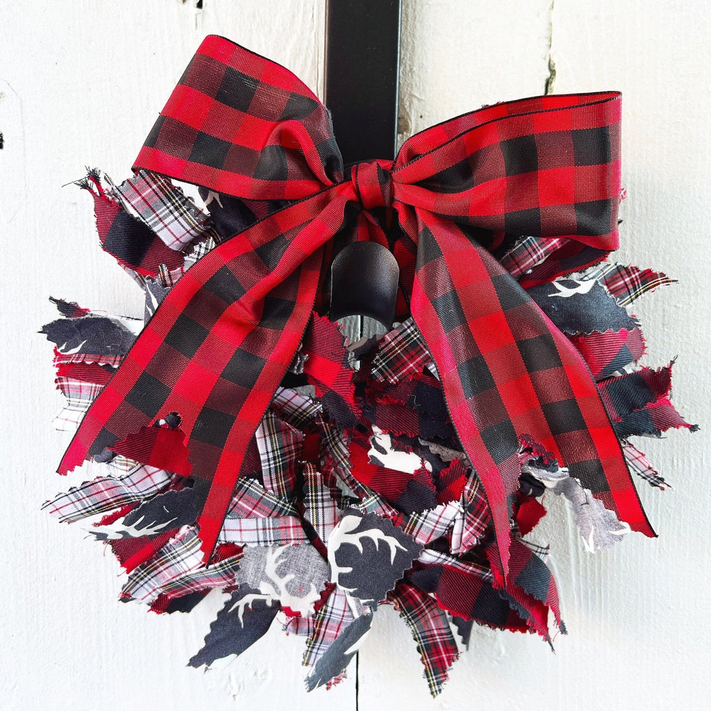 Rag Wreath - One Of A Kind - Buffalo Plaid Farmhouse Wreath