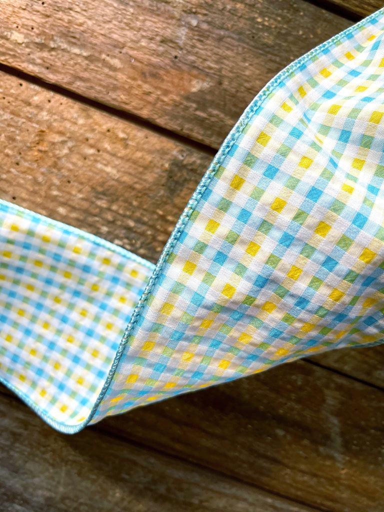 4x10yd Wired Cotton Ribbon In Blue And Yellow Check Pattern