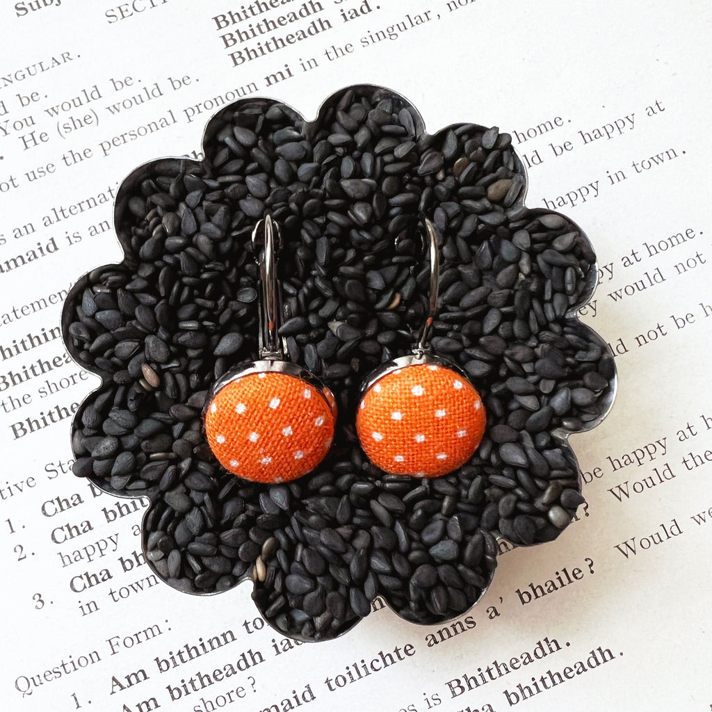 Orange Polka Dot Dangle Earrings - Lever Back Style 