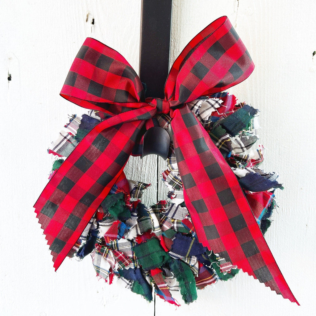 Tartan Plaid Fabric Rag Wreath - Farmhouse Style