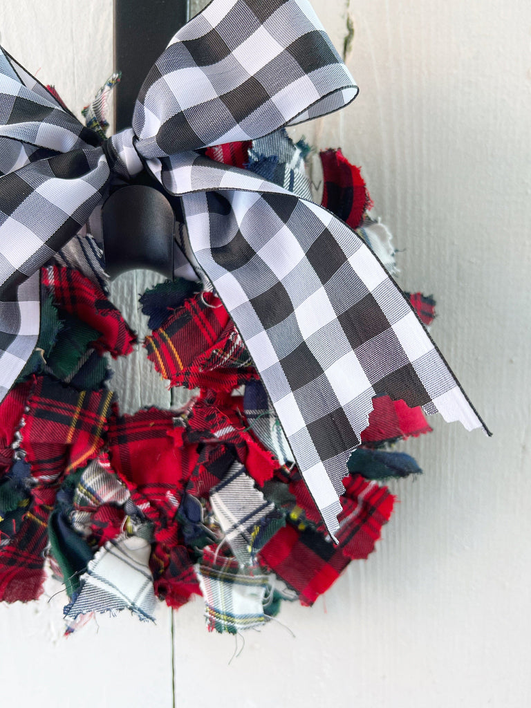 Fabric Rag Farmhouse Wreath - Large Plaid Bow