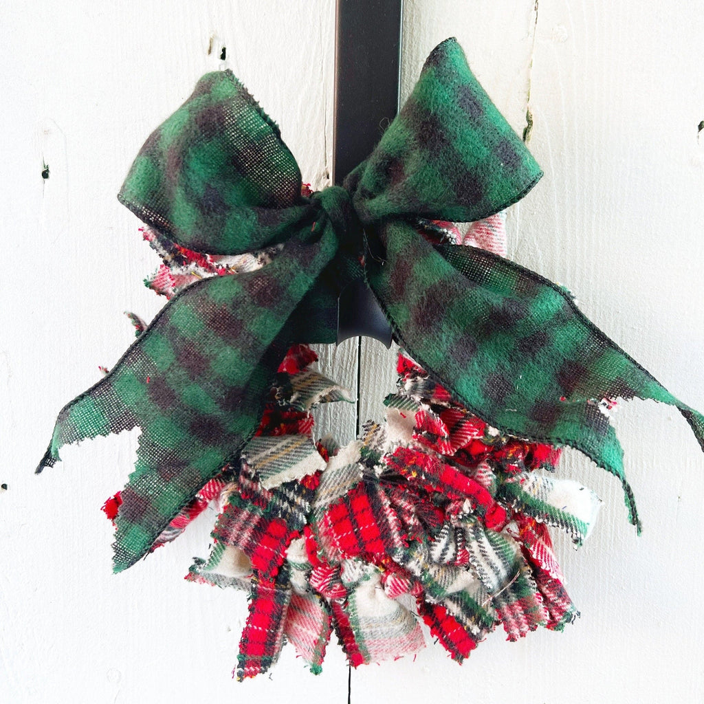 Plaid Christmas Rag Wreath - Unique Farmhouse Decor 