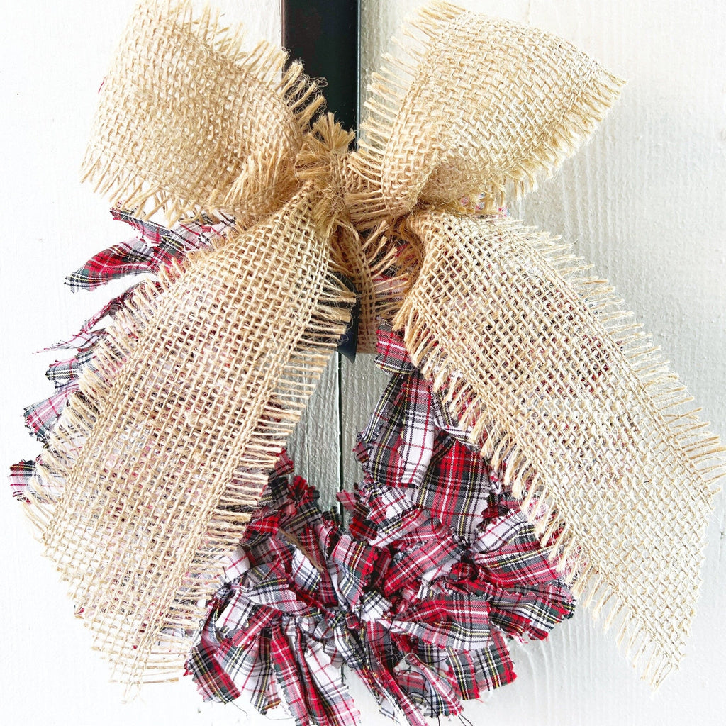 Red Tartan Plaid Farmhouse Wreath With Fringed Burlap Bow