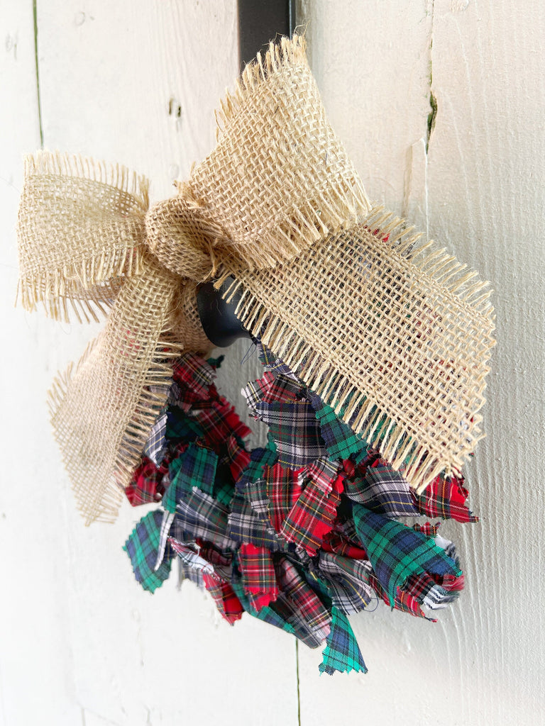 Burlap Bow Rag Wreath - Tartan Plaid Farmhouse Rustic Decor 