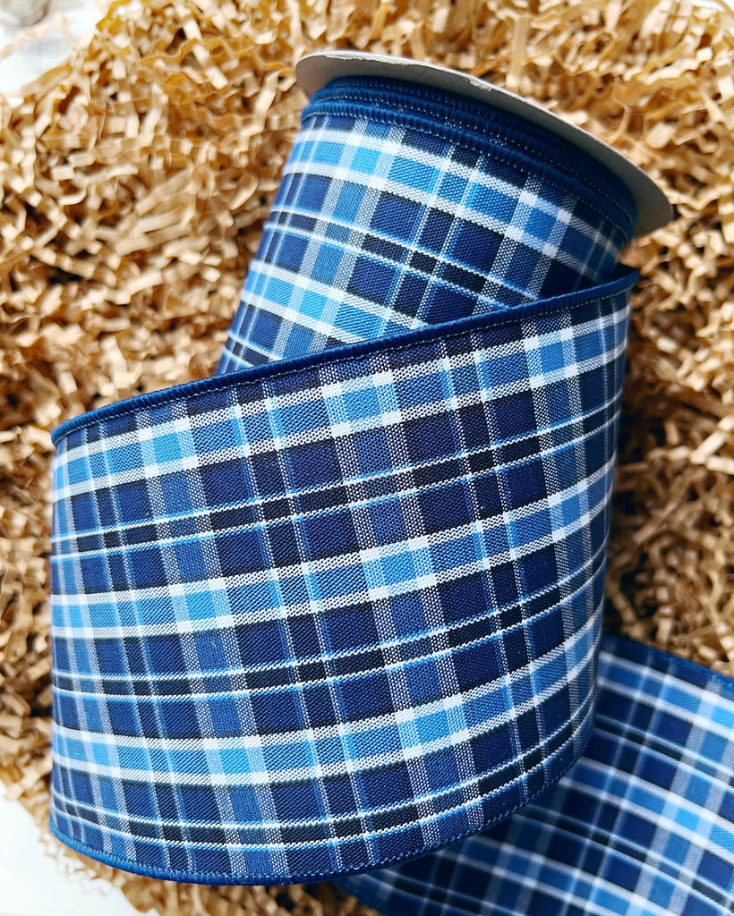 Inverness Blue Plaid - Wired Ribbon For Wreaths & Decor