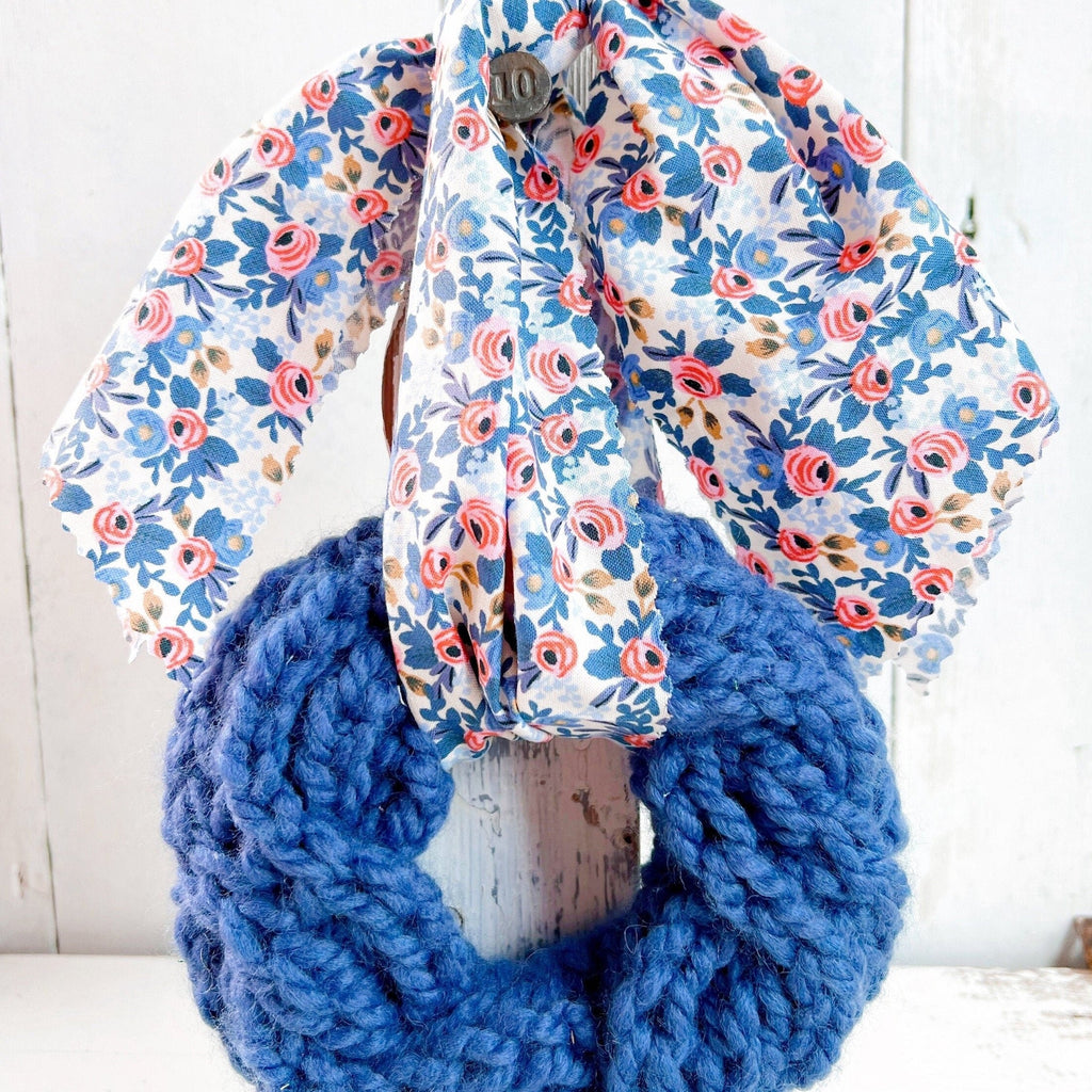 Hand Knit Wreaths - Hand Knit Blue Floral Wreath