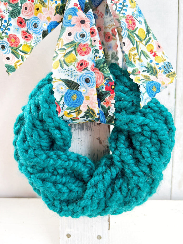 Hand Knit Blue Floral Farmhouse Wreath For Spring