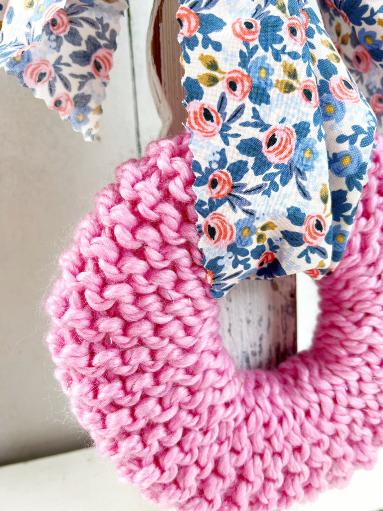 Hand Knit Floral Wreath With Rifle Paper Co Fabric Swag