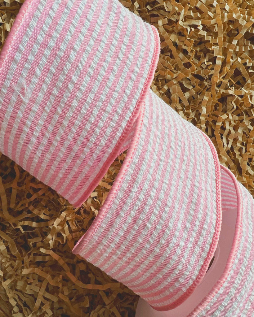 Designer Seersucker Spring Ribbon - Pink White Striped Wired