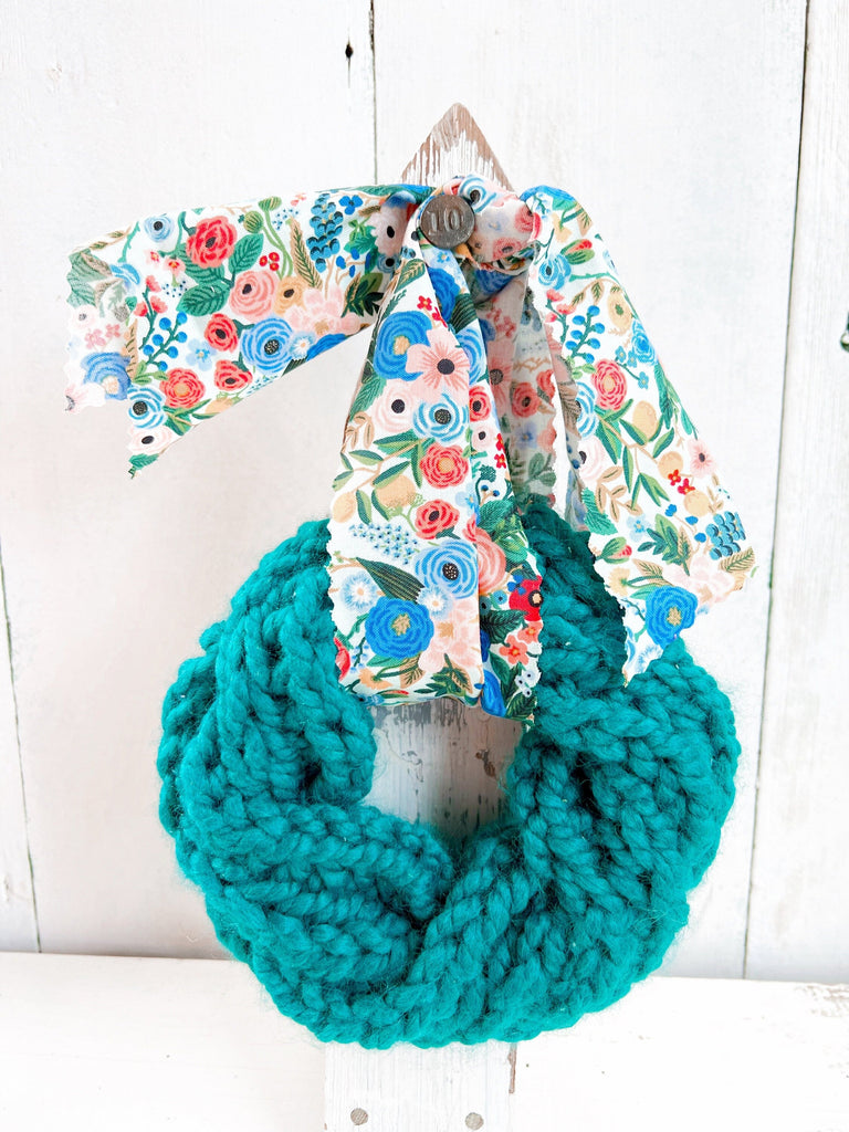 Hand Knit Floral Farmhouse Wreath For Spring