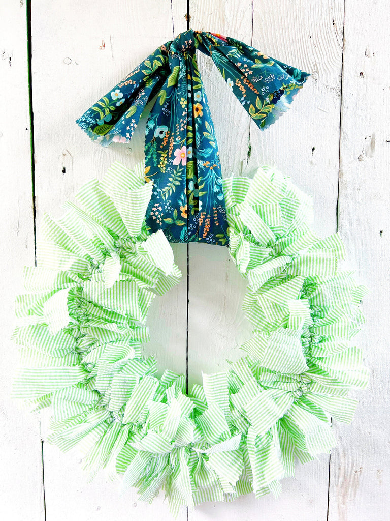 Rag Wreath - Floral Swag Wreath For Front Door - Seersucker 