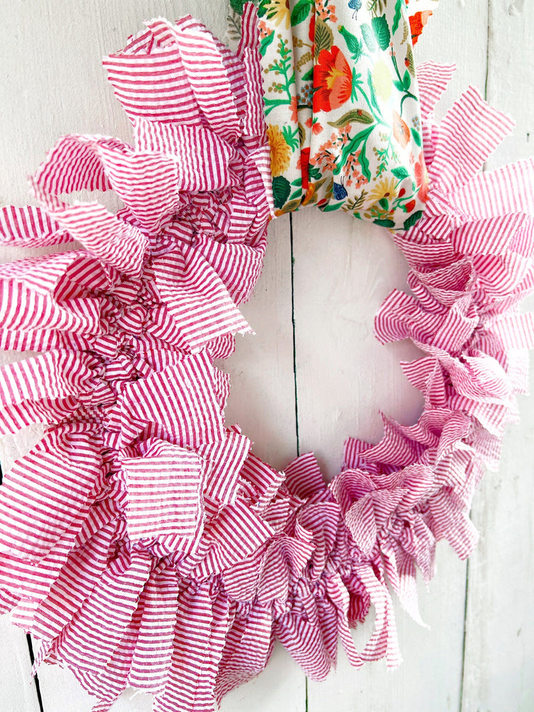 Rag Wreath - red seersucker fabric swag wreath 