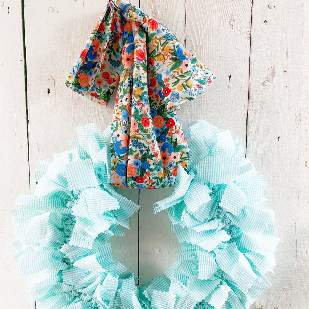 Rag Wreath - Aqua Seersucker Fabric Summer Wreath