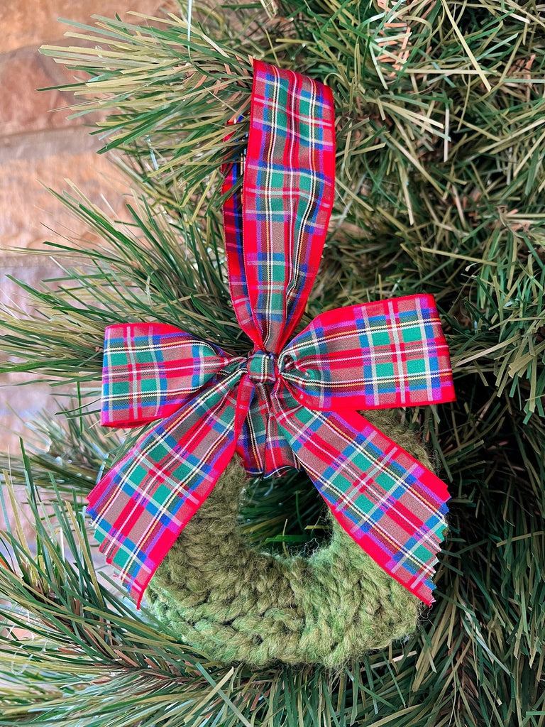 Hand Knit Plaid Wreath Christmas Ornament